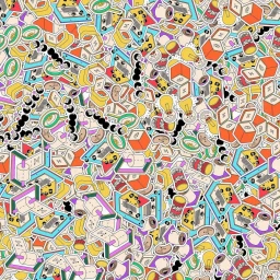 Dense repeating sticker illustration featuring colorful objects, lightbulbs, boxes, and tiny characters.