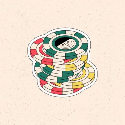 Stacked colorful casino poker chips illustration with a smiling character face on the top chip