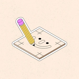 Isometric illustration of a yellow pencil drawing a smiley face on a square sheet of paper against a light pink speckled background.
