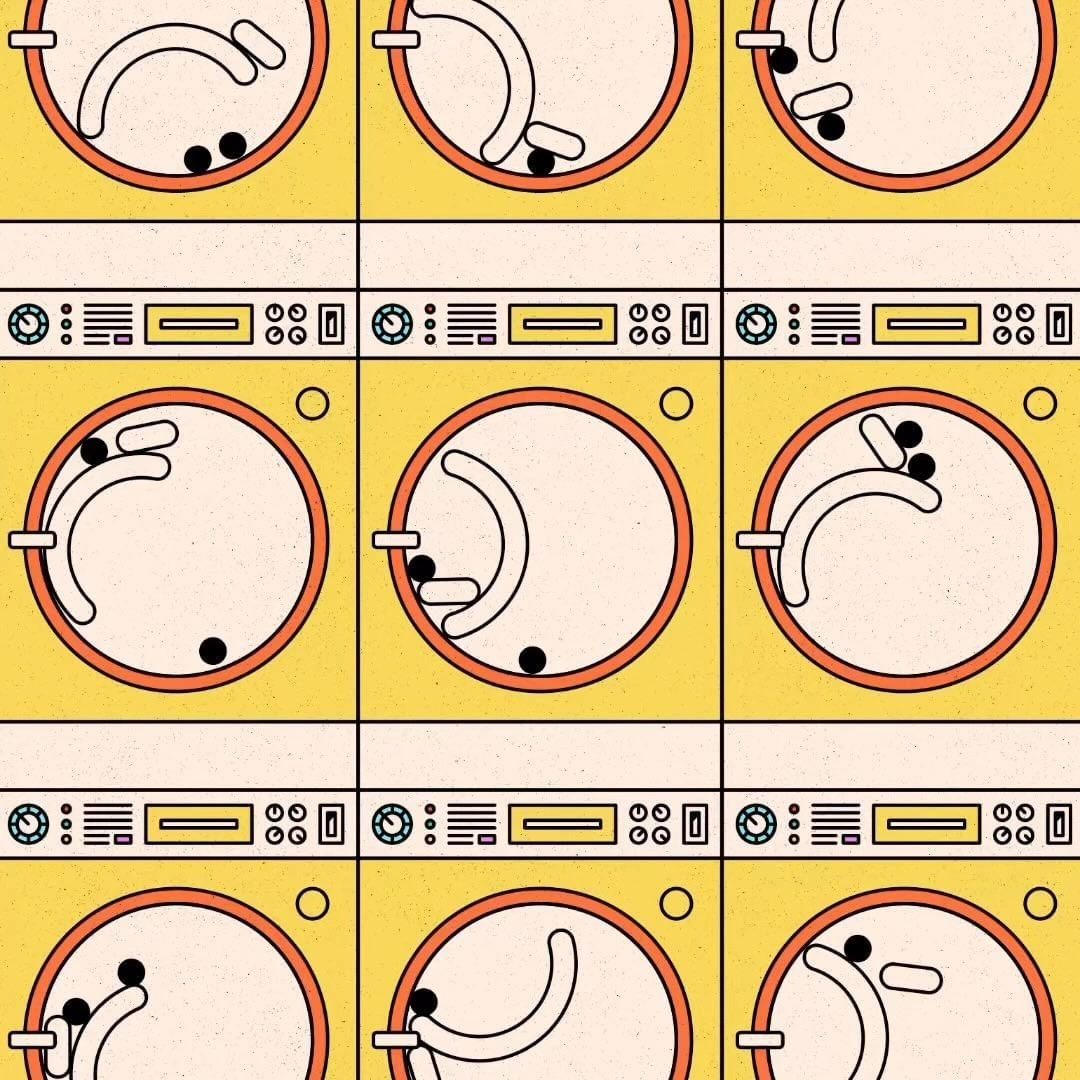 Illustration grid showing repetitive washing machine cycles with animated shapes by Lewis Osborne.