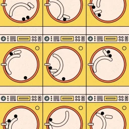 Illustration grid showing repetitive washing machine cycles with animated shapes by Lewis Osborne.