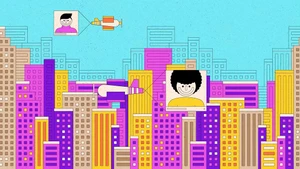 Colorful vector illustration of city skyline with skyscrapers and flying airplanes by Lewis Osborne