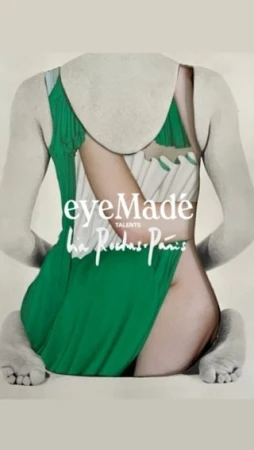 Abstract fashion shot features a woman in a green dress with text overlay. A cut-out effect reveals the body, emphasizing a modern aesthetic.