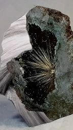 Close-up of a raw mineral specimen featuring a metallic silver crystal cluster radiating from within a dark cavity.