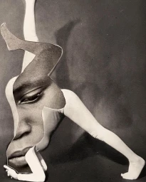 Monochrome photographic collage showing cut-out body parts combined with a close-up face against a dark textured background