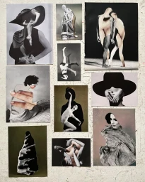 A collage layout of multiple surreal black and white photography prints featuring human figures and body parts on a textured white surface.