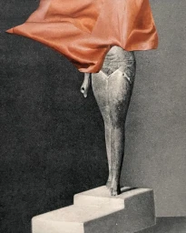 Collage artwork featuring classical stone statue legs on a pedestal with a flowing red textile fragment above