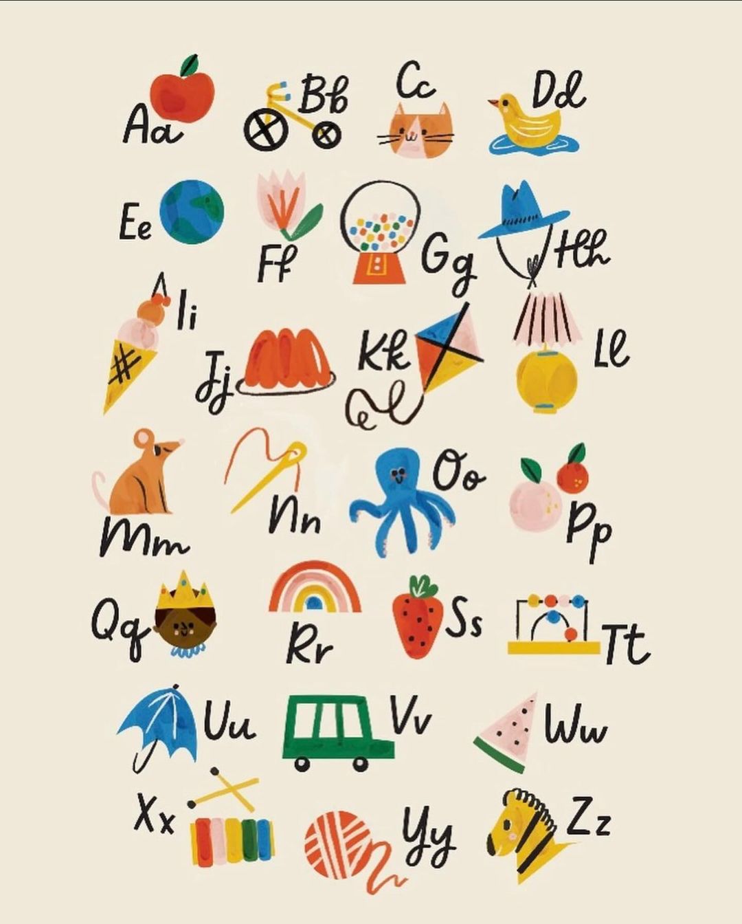 Illustration of alphabet letters A to Z, each represented by a colorful, whimsical drawing of objects such as an apple, bike, and zebra.