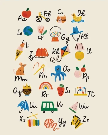 Illustration of alphabet letters A to Z, each represented by a colorful, whimsical drawing of objects such as an apple, bike, and zebra.