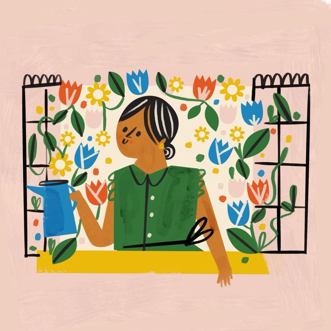 Illustration of a woman watering flowers behind a window with a blue watering can. The scene is colorful and bright.