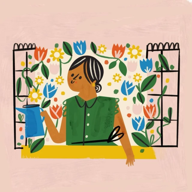 Illustration of a woman watering flowers behind a window with a blue watering can. The scene is colorful and bright.