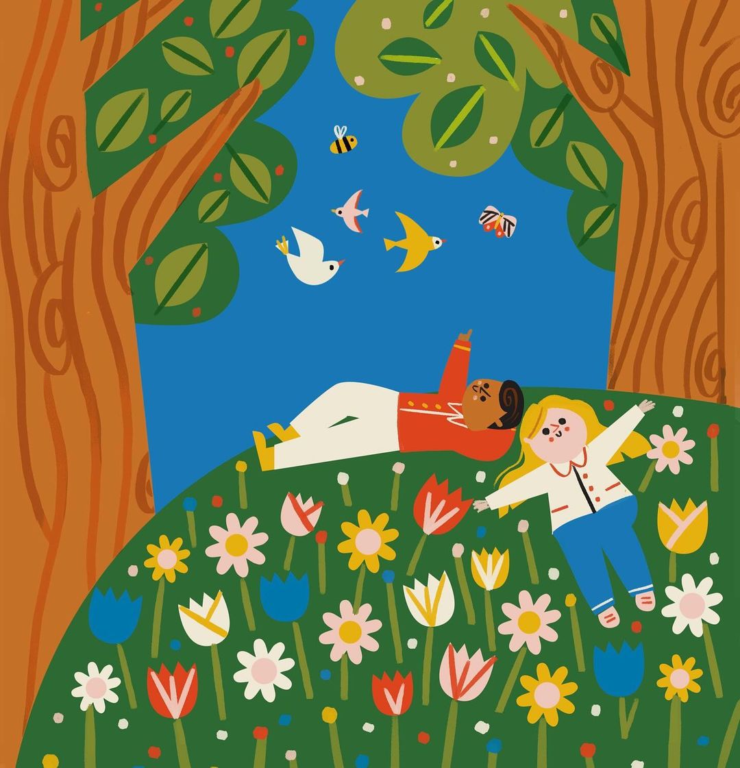 Illustration of two children lying in a field of flowers beneath trees with blue sky, birds, and a bee, creating a whimsical outdoor scene.