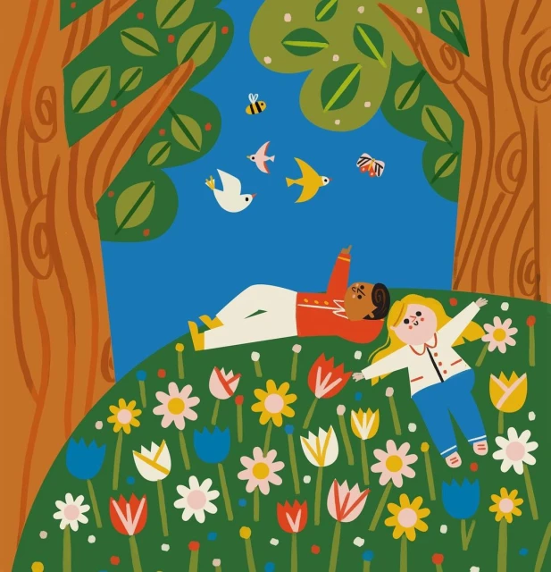 Illustration of two children lying in a field of flowers beneath trees with blue sky, birds, and a bee, creating a whimsical outdoor scene.