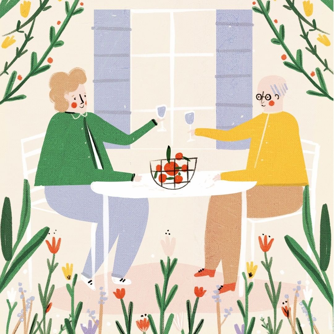 Illustration of a seated couple toasting with wine glasses at a table in a garden setting with vibrant flowers and greenery. 