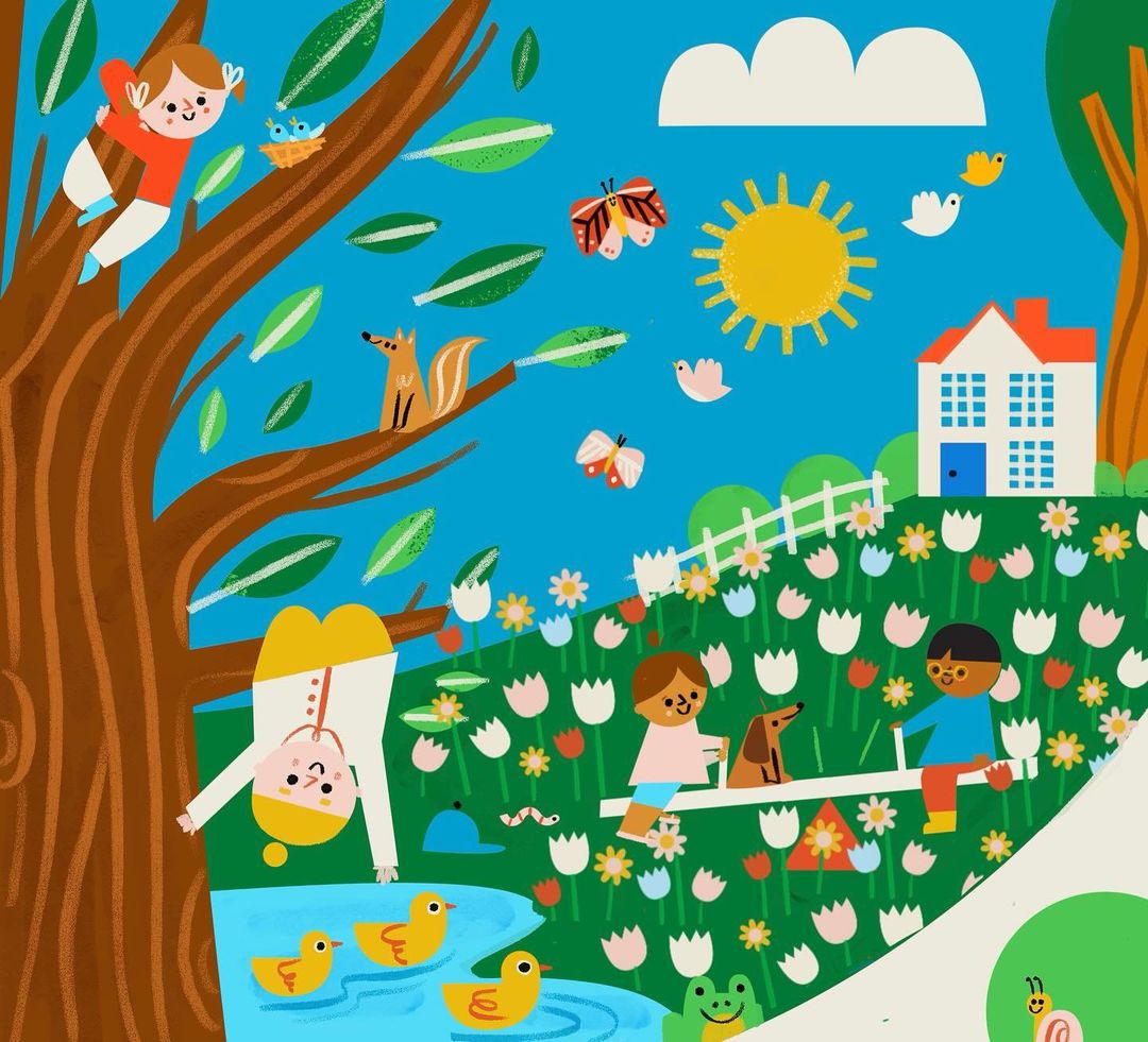 Illustration of children playing outdoors in a vibrant spring landscape with blooming tulips, trees, and a blue sky with butterflies.