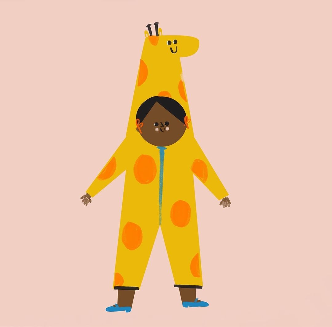 Illustration of a child in a yellow giraffe costume, featuring orange spots and a smiling giraffe hood, set against a peach background.