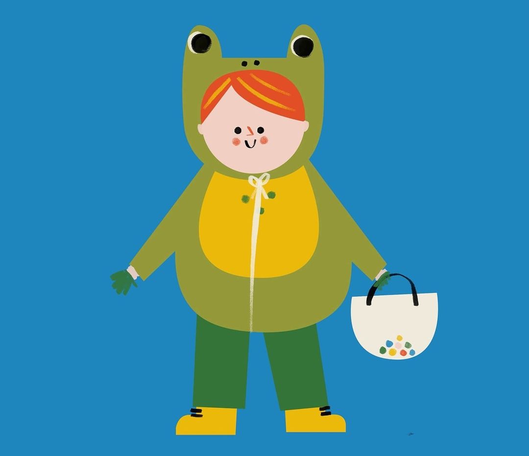 Illustration of a child in a frog costume holding a treat bag against a blue background, perfect for Halloween or costume themes.