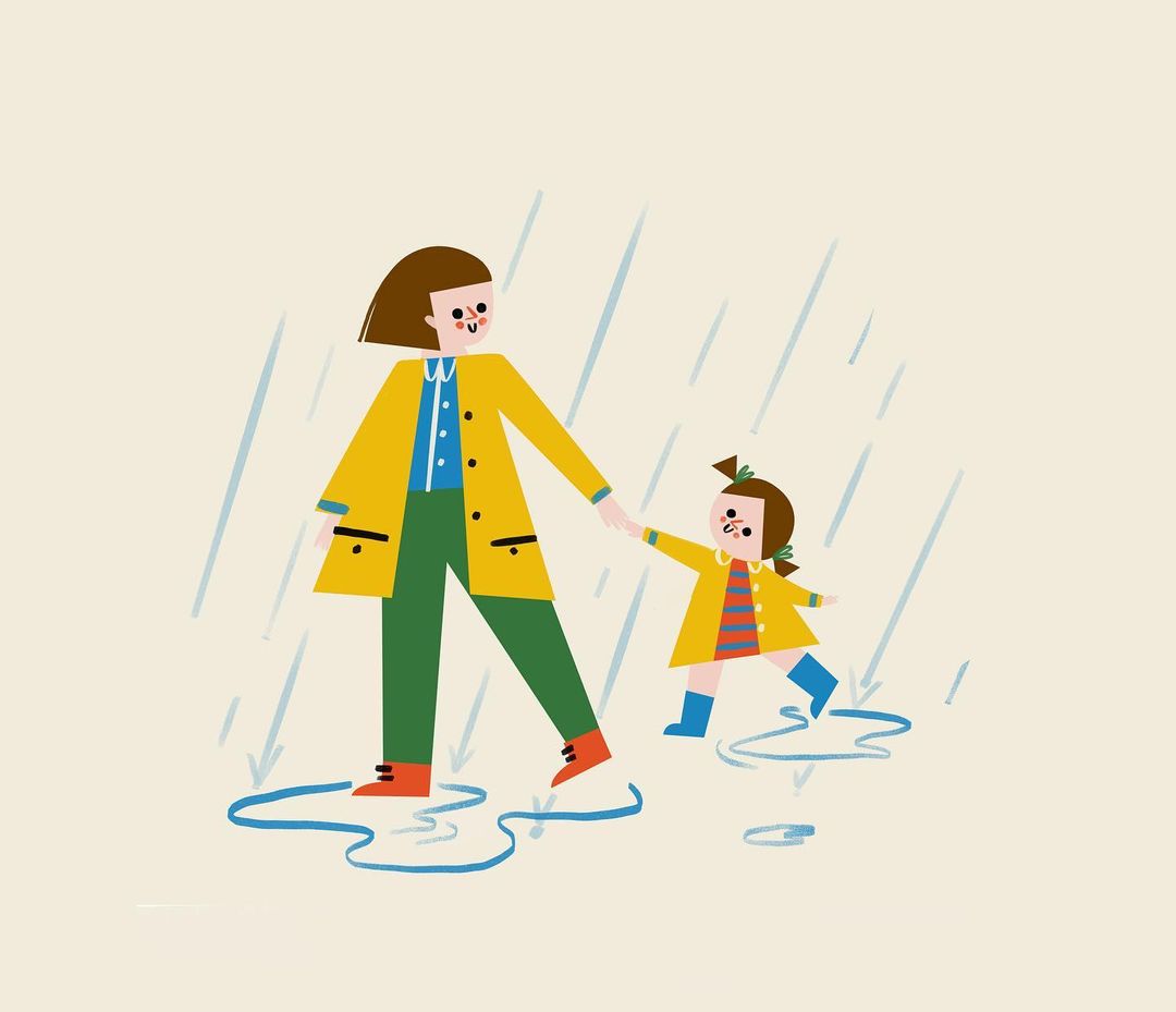 Illustration of mother and child walking in the rain, wearing yellow raincoats and boots, stepping in puddles, simple background.