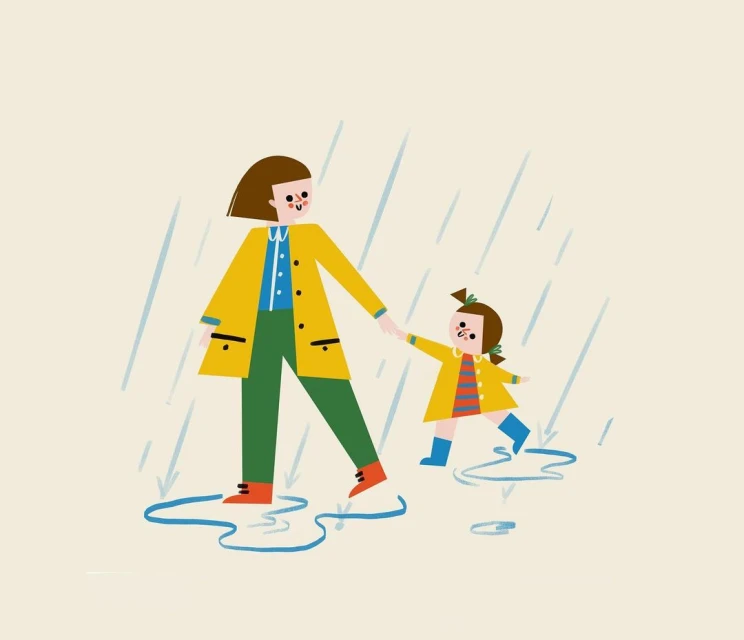 Illustration of mother and child walking in the rain, wearing yellow raincoats and boots, stepping in puddles, simple background.