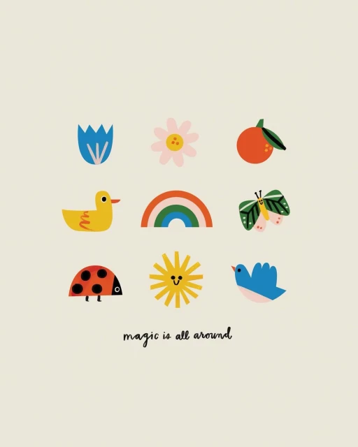 Whimsical illustration featuring a blue tulip, pink flower, orange, yellow duck, rainbow, butterfly, ladybug, sun, and blue bird on a cream background.