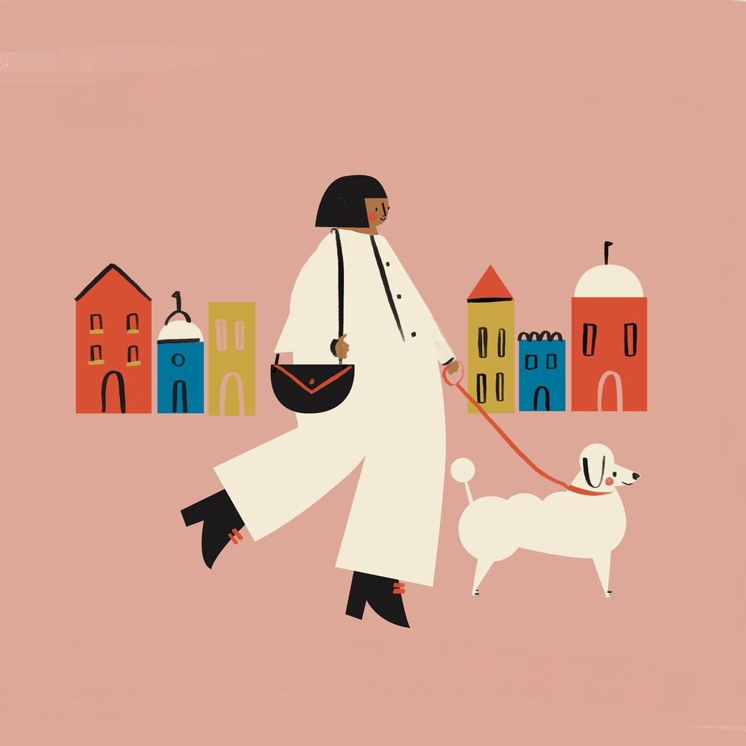 Illustration of a woman in white jumpsuit walking a white poodle dog in a neighborhood with colorful buildings on a blush background.