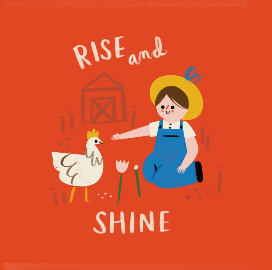 Whimsical digital art of a child feeding a chicken with a barn in the background, rendered in warm tones and featuring hand-lettered text.