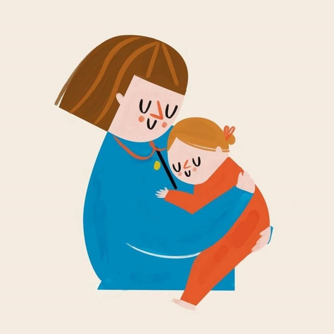 Illustration of a woman holding a child, both rendered in a simple cartoon style against a solid light background.