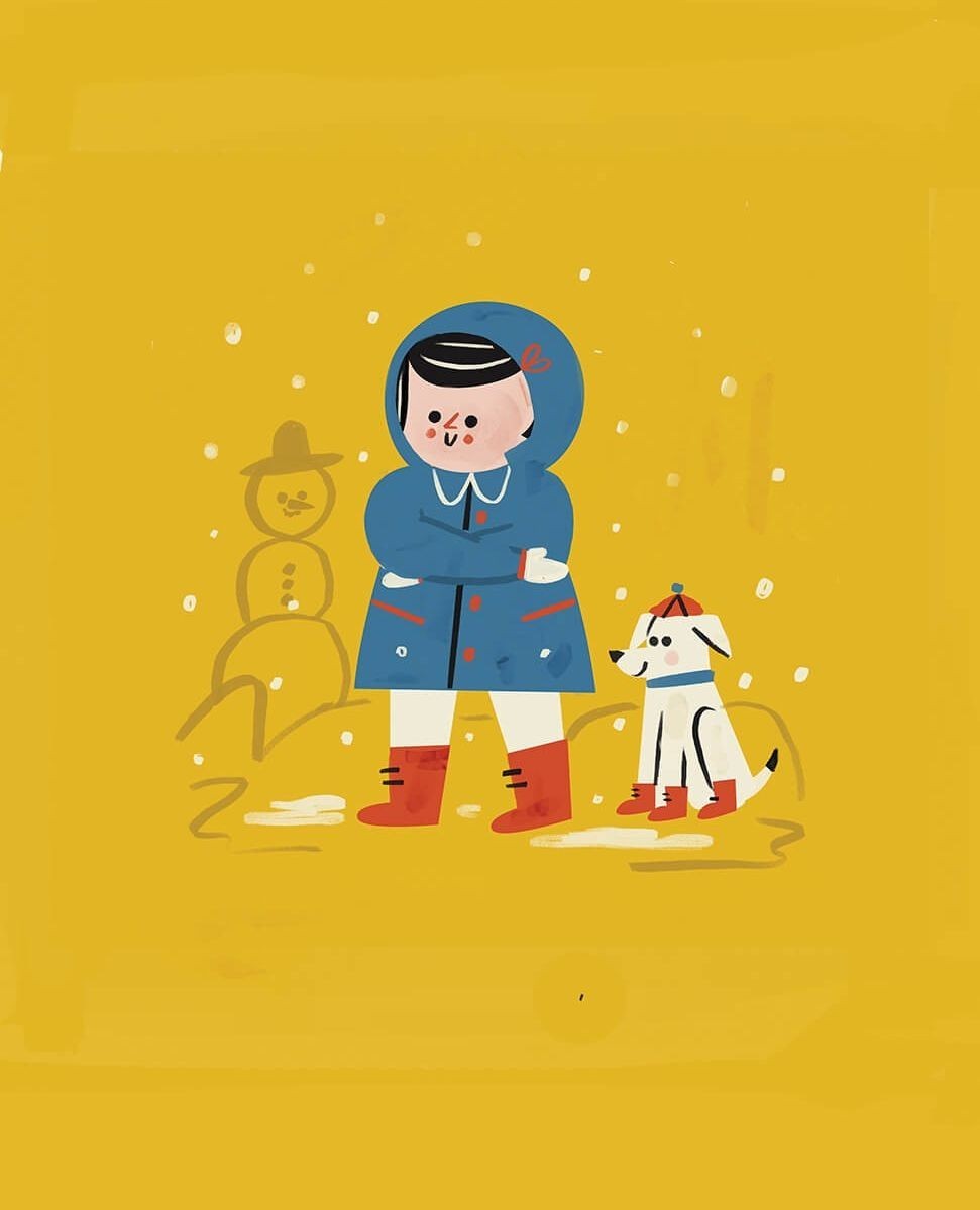 Illustration of a child in a blue coat and red boots with a dog, standing outside near a simple snowman against a yellow background.