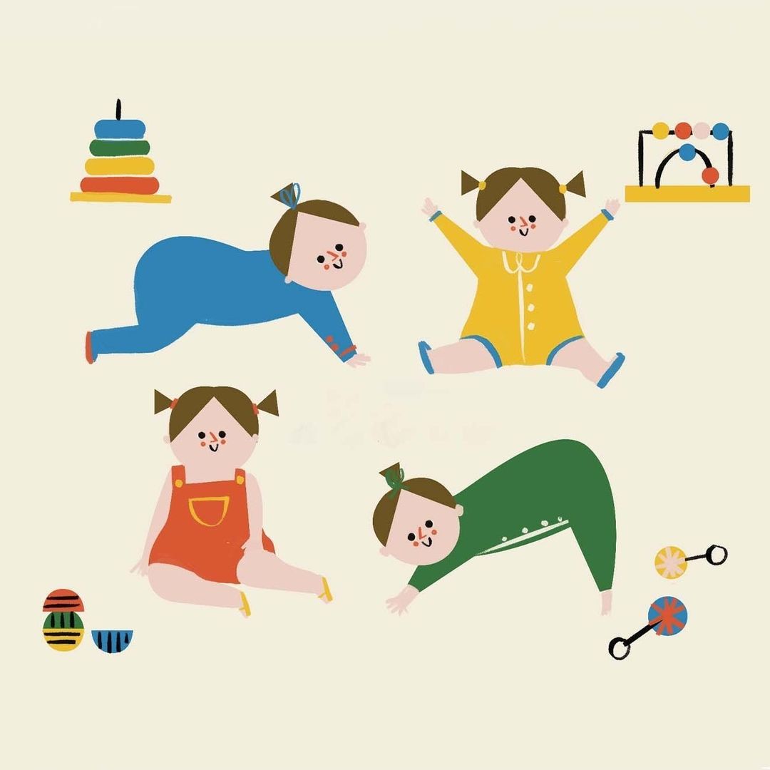 Illustration of four cartoon babies in different colored outfits playing with toys, featuring a tower of rings and a beaded abacus toy.