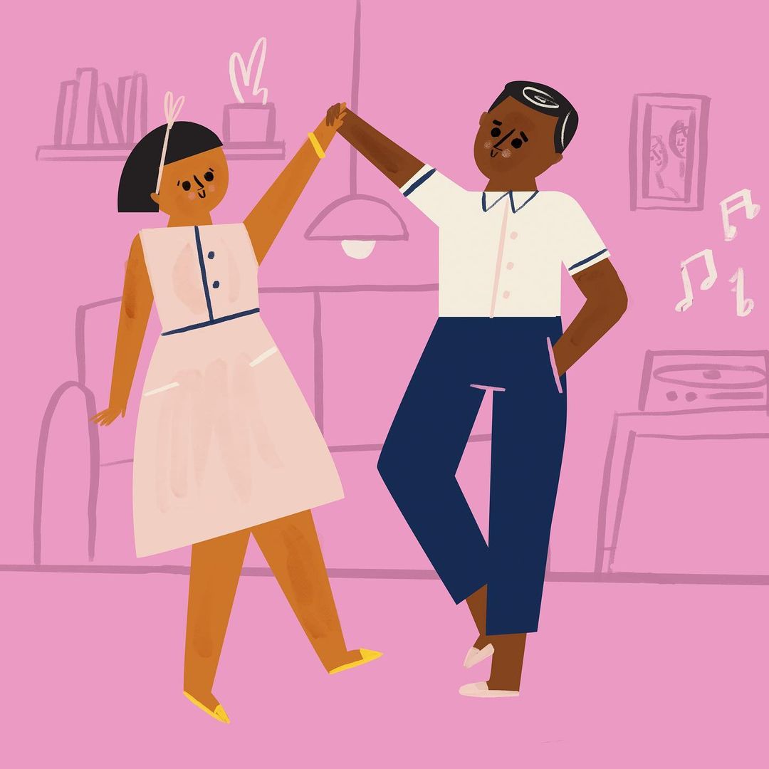 Illustration of a 1950s-style couple dancing in a pink-toned living room with retro furniture and music notes. The illustration style is simple and flat.
