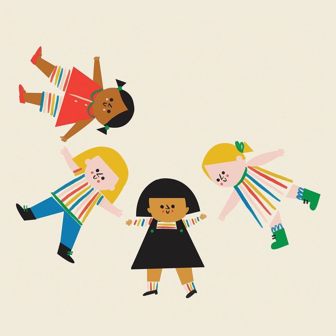 Illustration of four young children in colorful clothes, one standing and three lying in a circle, against a light beige background.