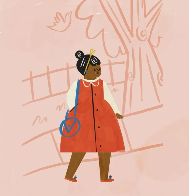 Illustration of a young dark-skinned girl in a red dress walking near a fence and tree, with a light pink background and a blue purse.