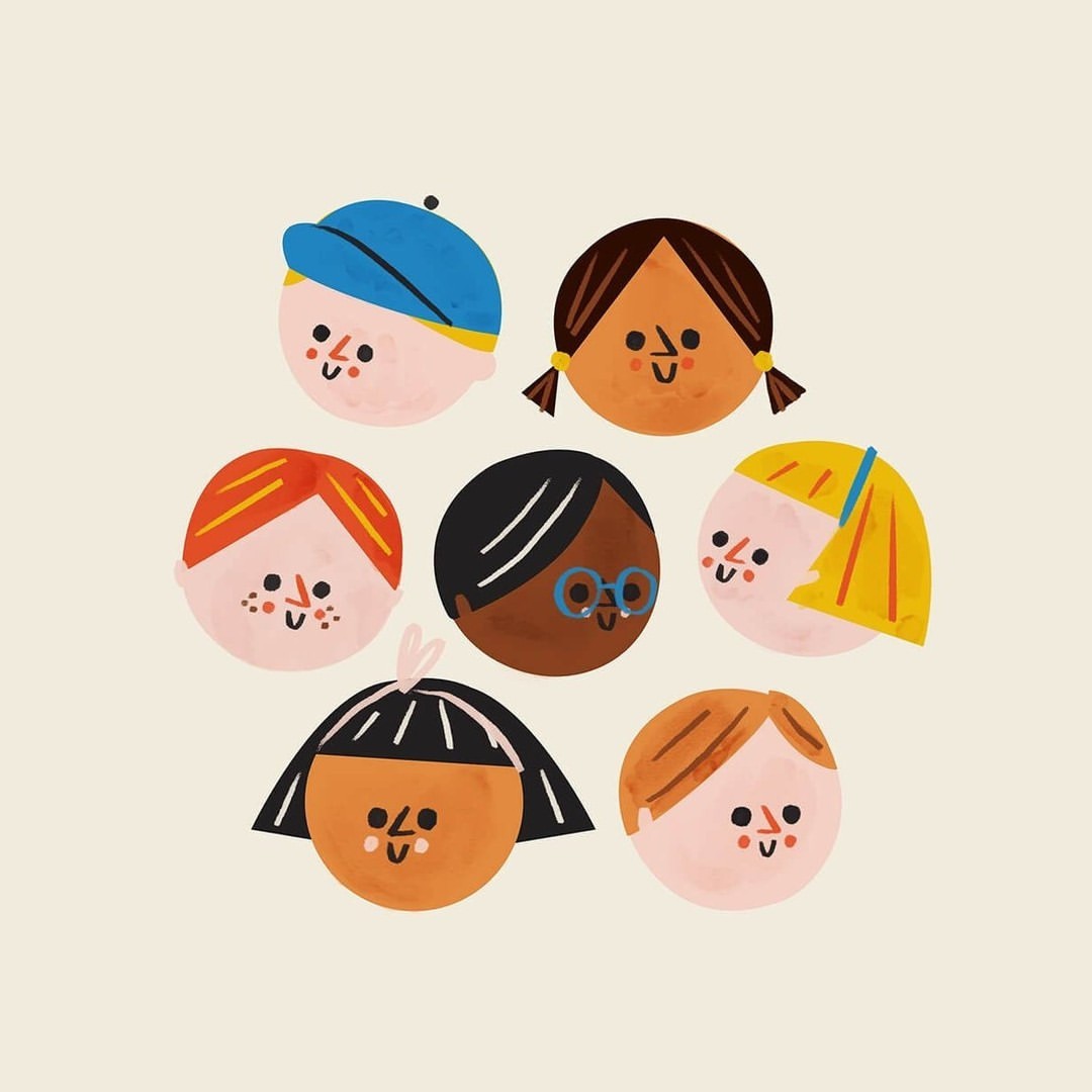 A diverse group of illustrated children's faces with various hairstyles and skin tones smiling on a cream-colored background in a circle.