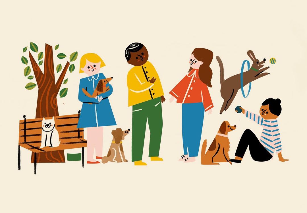 Stylized illustration of diverse people with dogs in a park-like setting, featuring a bench, tree, and playful interactions.