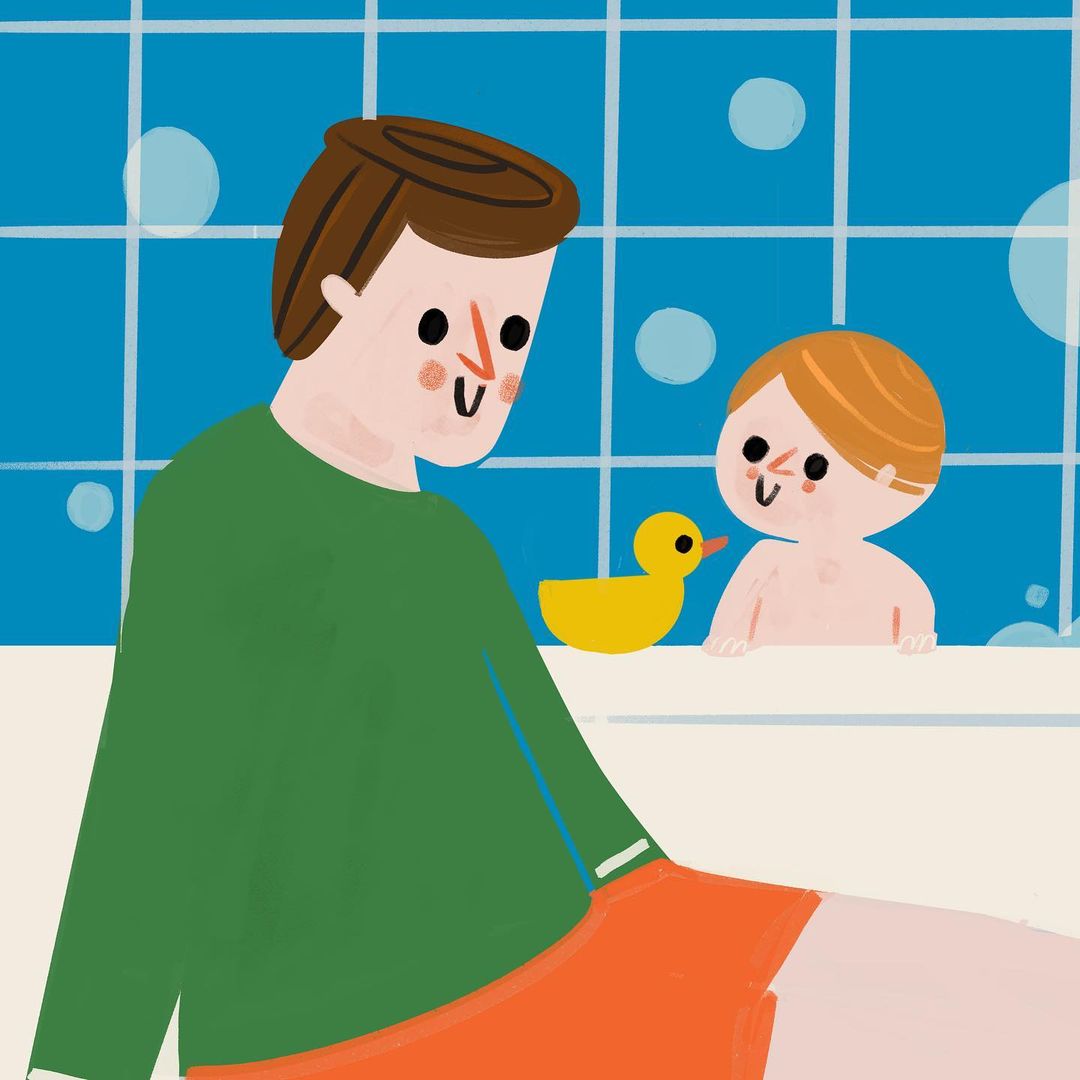 Illustration of a father and child in a blue-tiled bathroom with a yellow rubber ducky, rendered in a flat, cartoon style.