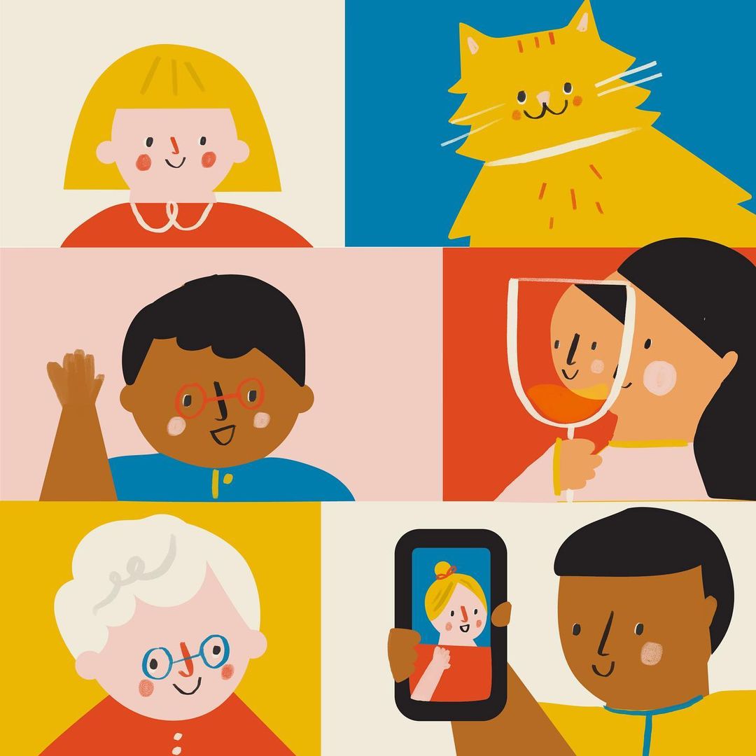 Illustration of a video call with five people and a cat on a colorful screen, showing diverse individuals and a cute pet.