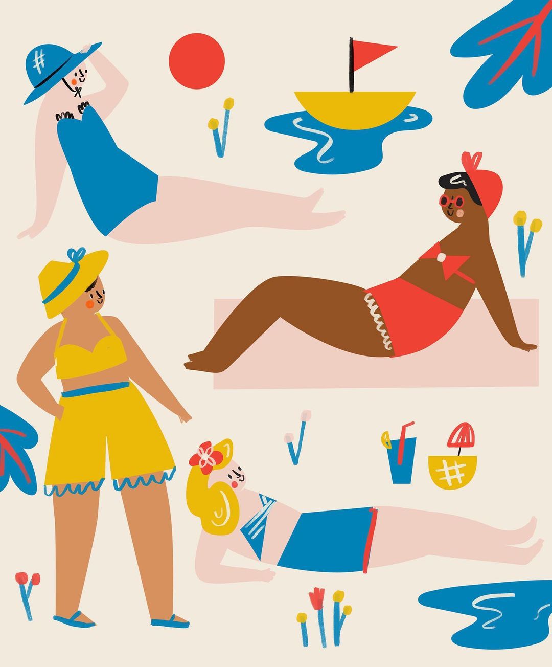 Illustration of four women in bathing suits on a sandy beach with a boat, flowers, and a red sun.