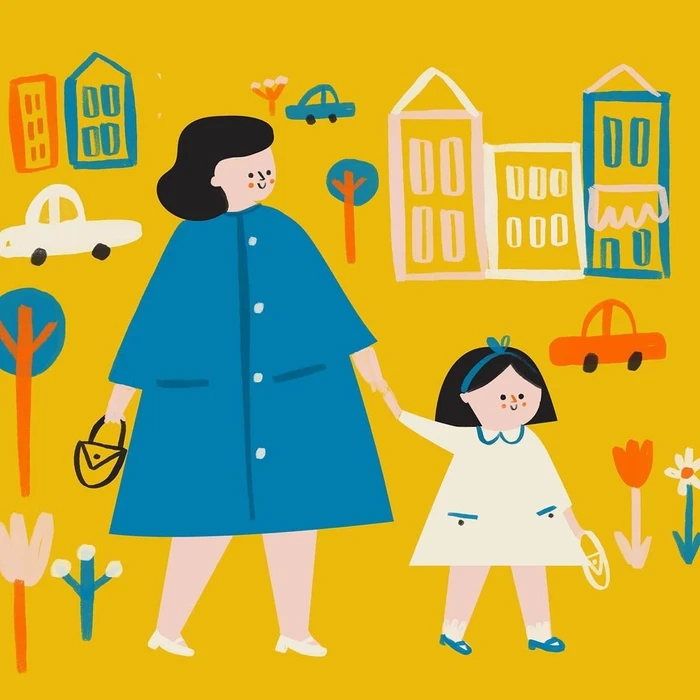 Digital illustration by Libby Burns of an adult and child walking past stylized buildings and cars against a yellow background.