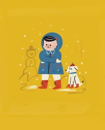 Illustrated child in blue hooded coat and red boots standing outdoors with a small white dog in the snow by illustrator Libby Burns