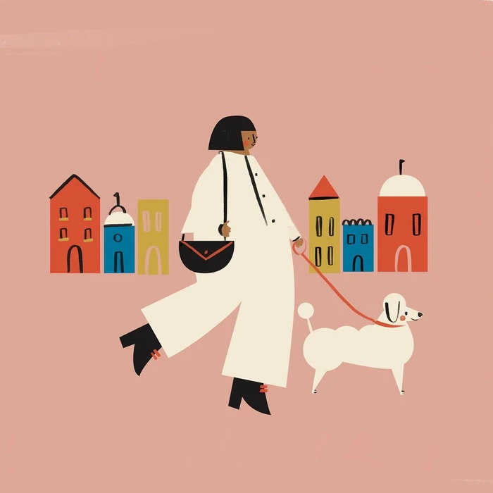 Illustration by Libby Burns of a woman in white walking a white dog past colourful townhouses on a pink background.