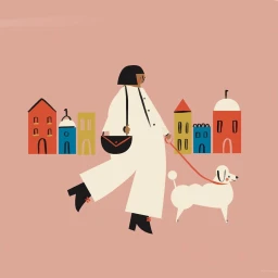 Illustration by Libby Burns of a woman in white walking a white dog past colourful townhouses on a pink background.
