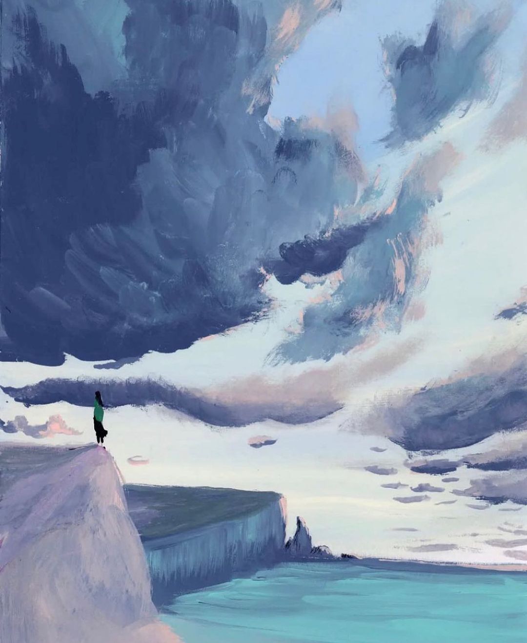 Digital painting of a person on a cliff overlooking a seascape with a dramatic sky, showcasing serene beauty and natural scenery.