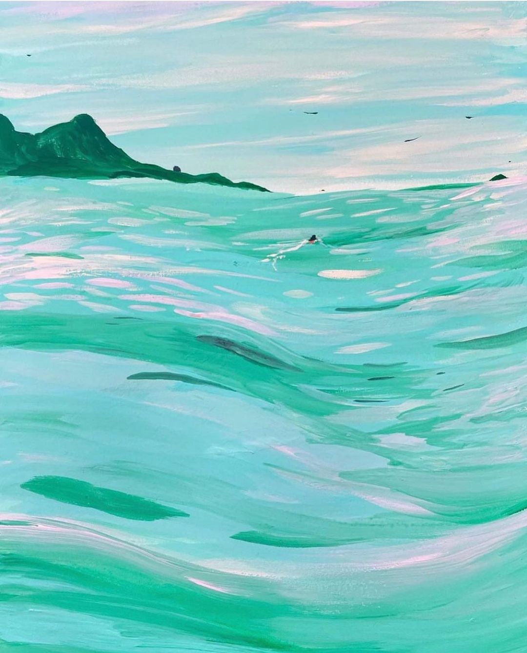 Impressionistic painting of the ocean with light turquoise water, gentle waves, distant green islands, and a light cloudy sky.