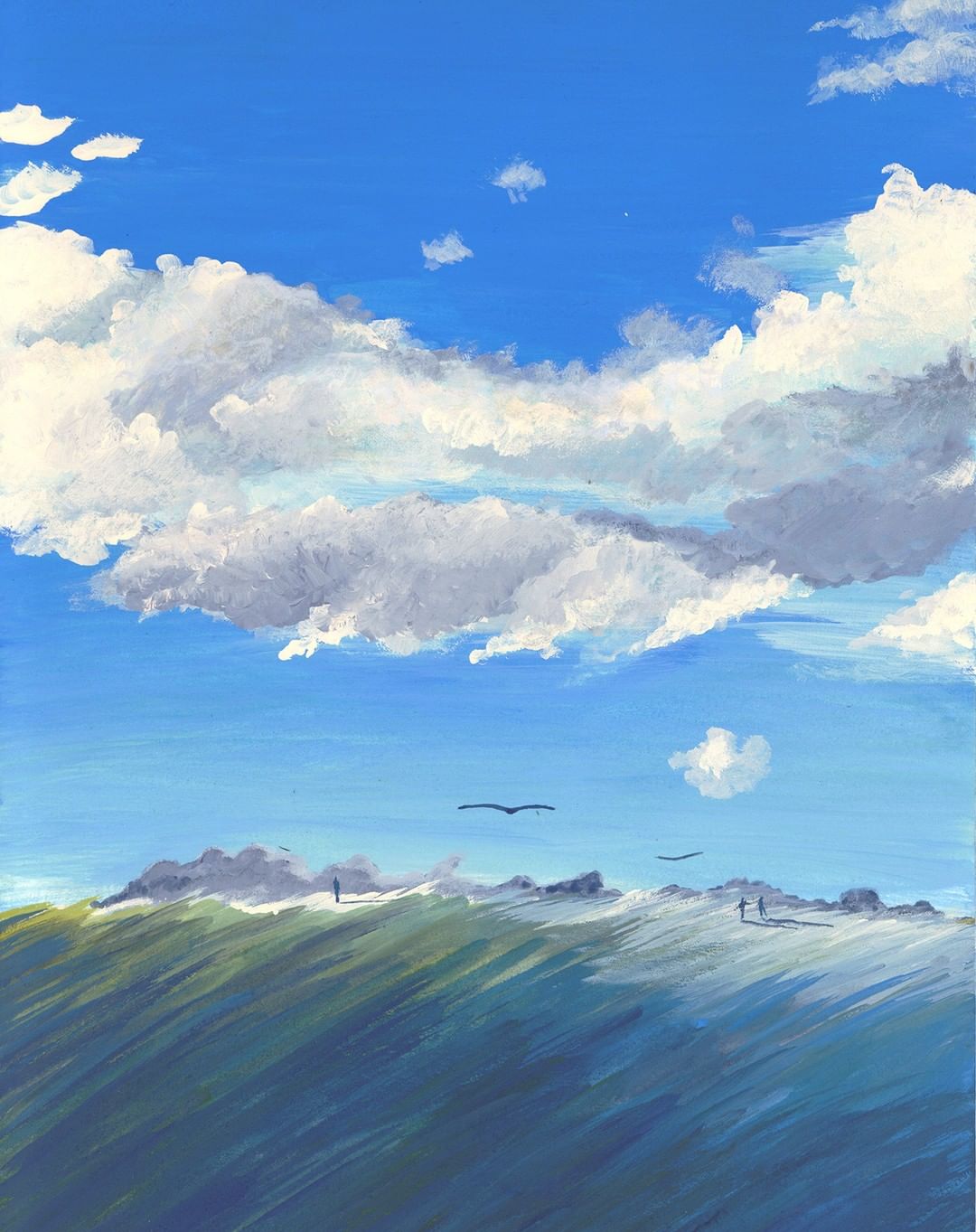 Painting of a wave under a blue sky with clouds, and people standing on the shore in the distance, seagulls flying overhead.