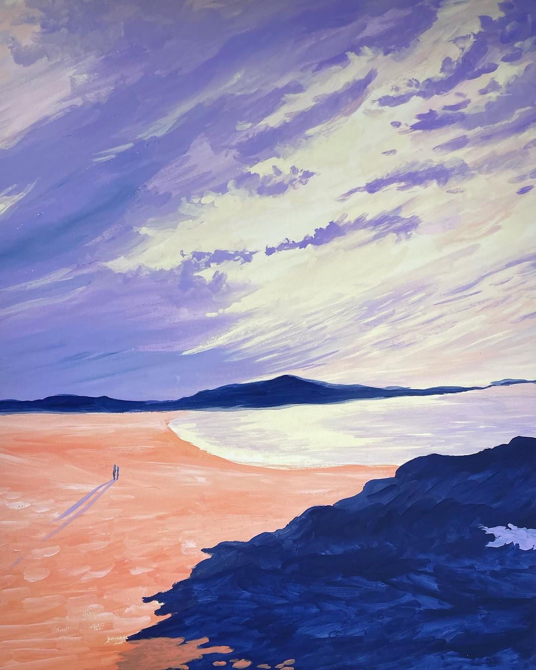Impressionistic painting of two distant figures walking on a peach-colored beach toward a calm ocean under a cloudy, light purple sky.