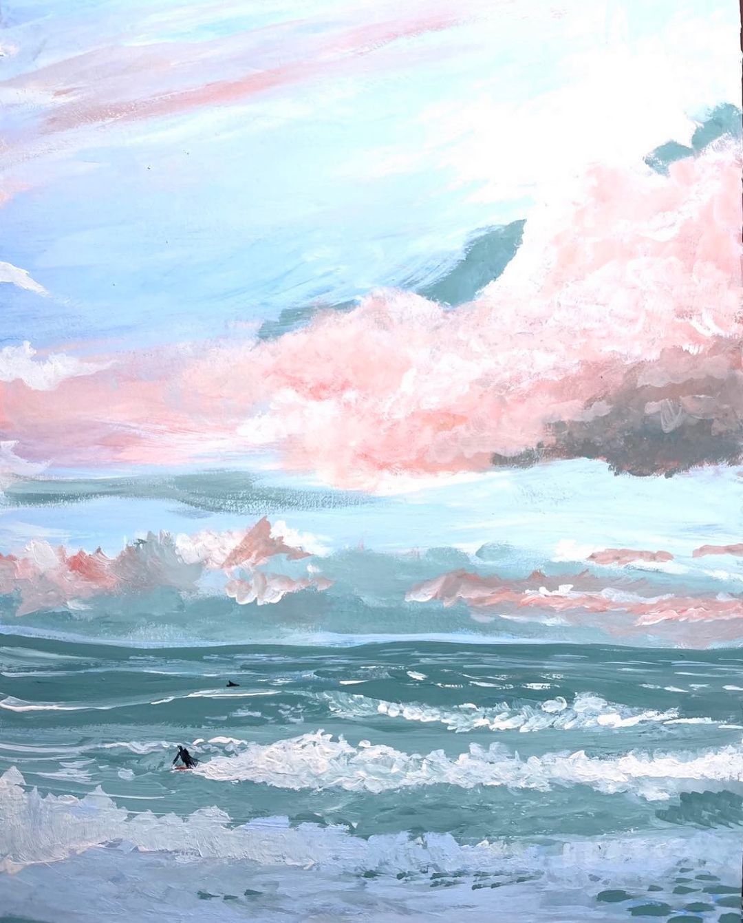 Painting of a surfer riding a wave in a blue ocean under a pastel sky with pink and gray clouds, created in a painterly style.