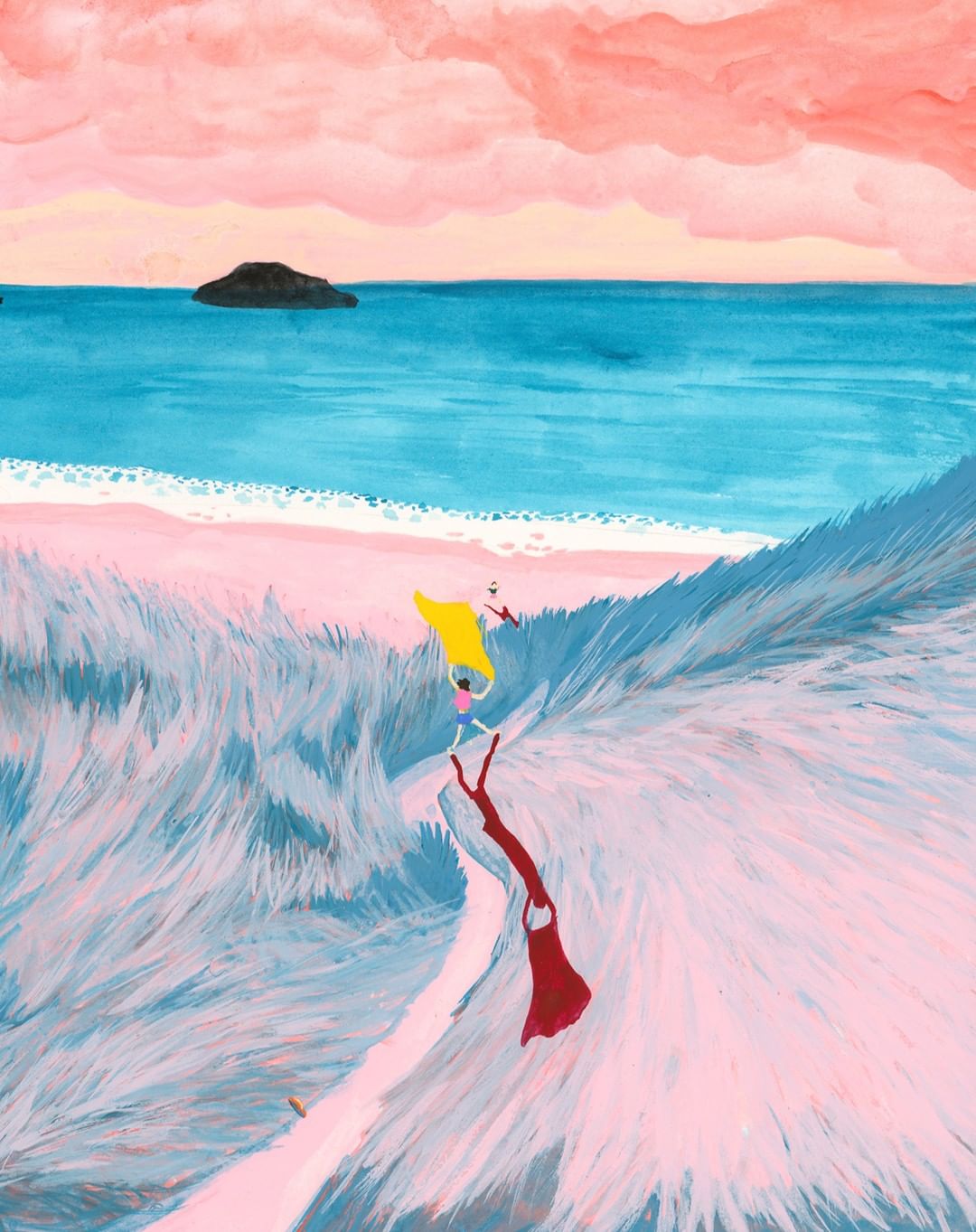 Impressionistic gouache painting of two people walking on a sandy beach toward the ocean, with an island on the horizon.