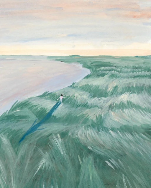 Illustration of a lone person in white walking away towards the horizon on grassy dunes near a body of water under a pastel sky.