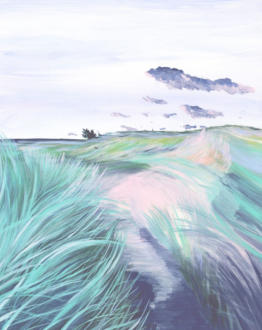 Digital painting of a grassy field with a path leading to the horizon under a sky with wispy clouds; artistic, serene landscape.
