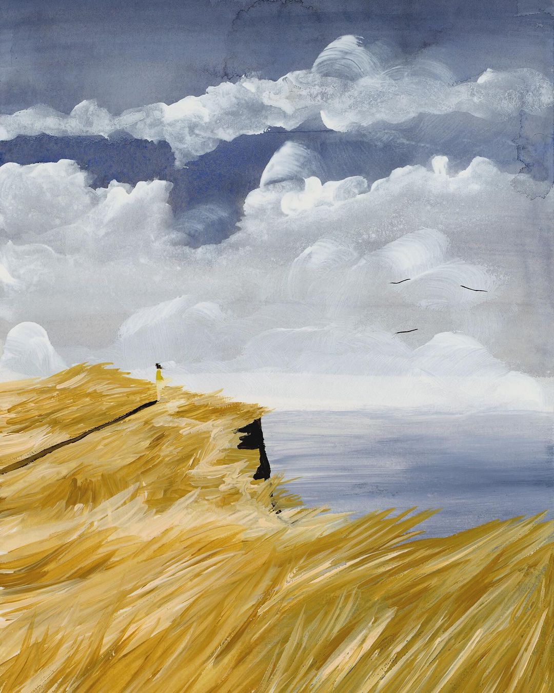 Watercolor painting of an adult female standing on a cliffside overlooking the ocean, with a cloudy sky and grassy foreground.